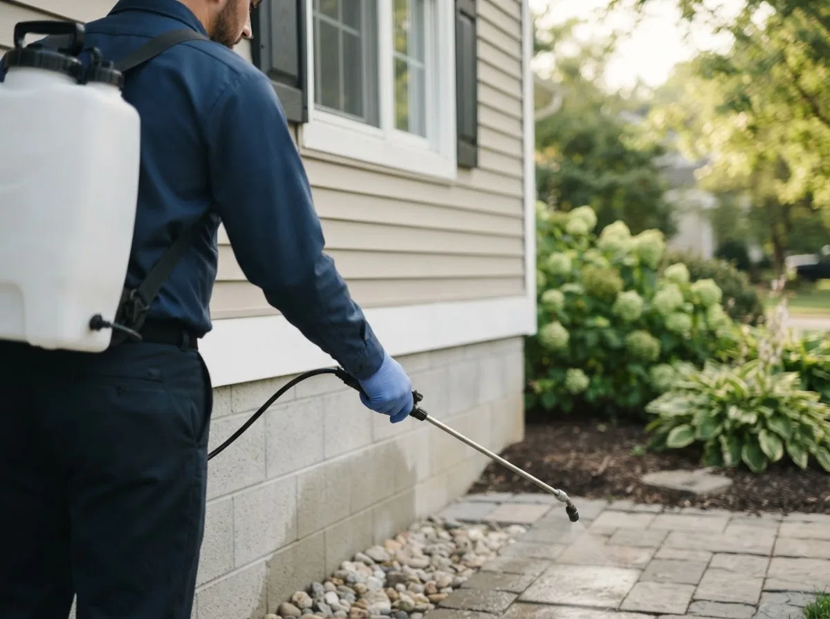Pest control technician inspecting a home in Marengo, OH